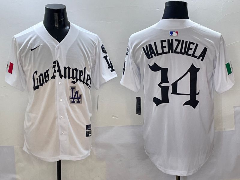 Men Los Angeles Dodgers #34 Valenzuela White Five generations Joint Name 2025 Nike MLB Jersey style 4